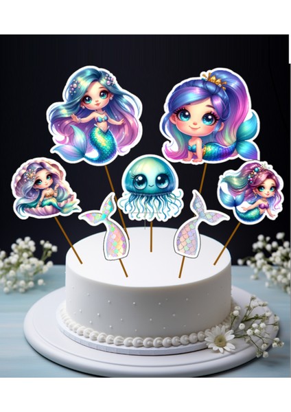 Hiras Dizayn Denizkızı Mermaid Pasta Süsü Büyük Pasta Kürdanı Pasta Cupcake Pasta Doğum Günü Süsleri 7 Parça