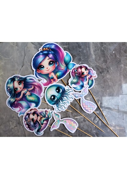 Hiras Dizayn Denizkızı Mermaid Pasta Süsü Büyük Pasta Kürdanı Pasta Cupcake Pasta Doğum Günü Süsleri 7 Parça