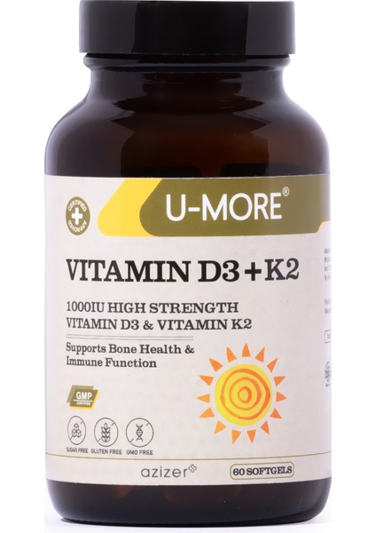 Vitamin D3 (1000IU) + Vitamin K2 - Şeker, Glüten, Gdo Içermez - 60 Yumuşak Kapsül