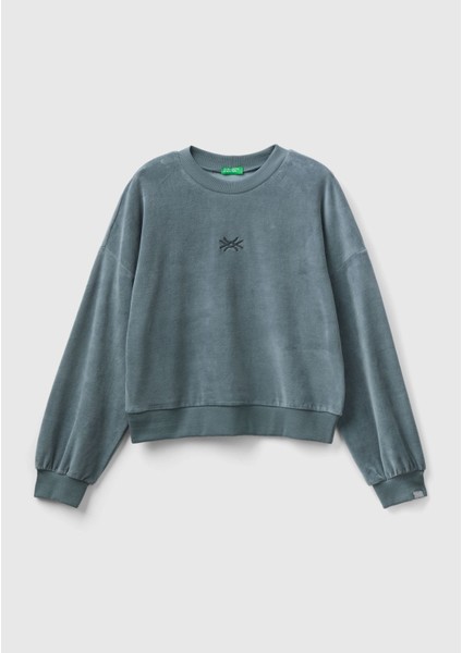 Kadın Antrasit Logo Baskılı Şönil Sweatshirt