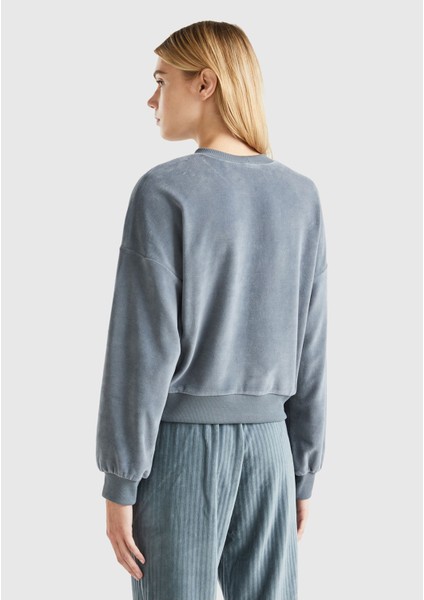 Kadın Antrasit Logo Baskılı Şönil Sweatshirt modelleri