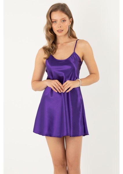 Ince Askılı Mini Saten Gecelik 018566 Mor