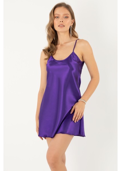 Ince Askılı Mini Saten Gecelik 018566 Mor