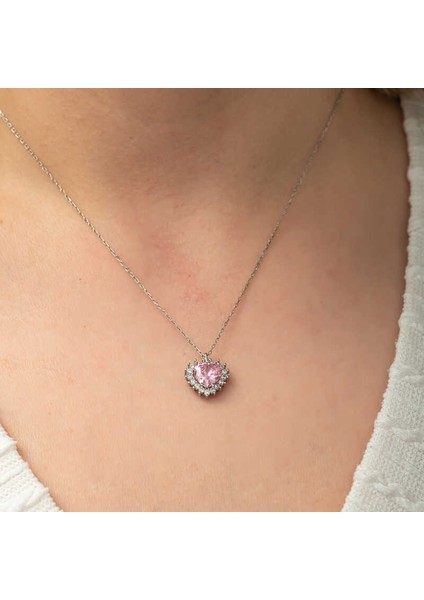 Gümüş Pembe Taşlı Kalp Kadın Kolye modelleri