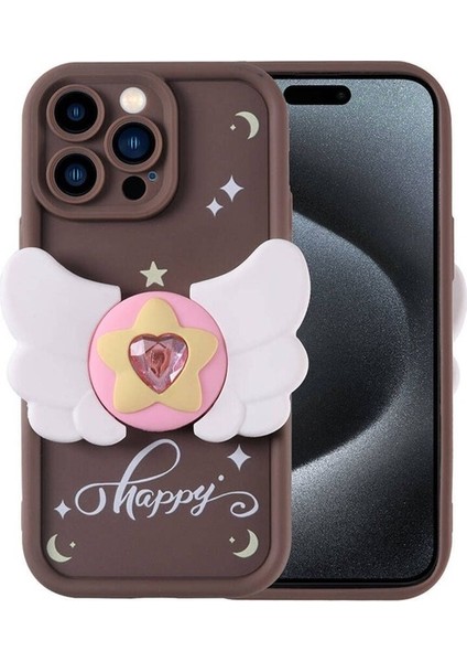 Apple iPhone 15 Pro Max Uyumlu Kılıf Kamera Korumalı Kabartmalı Yaz Figür Tasarımlı Kapya Kapak, Koyu Kahve