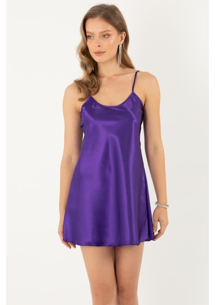Ince Askılı Mini Saten Gecelik 018566 Mor modelleri