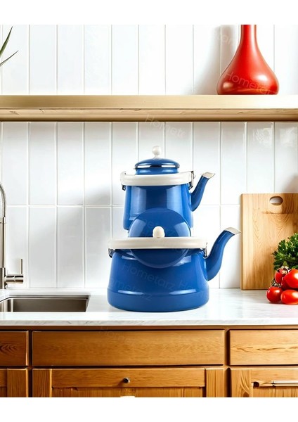 Alev Vintage Emaye Çaydanlık Takımı - Emaye Demlik Takımı - Mega Boy - 2.5 ve 1.0 Litre