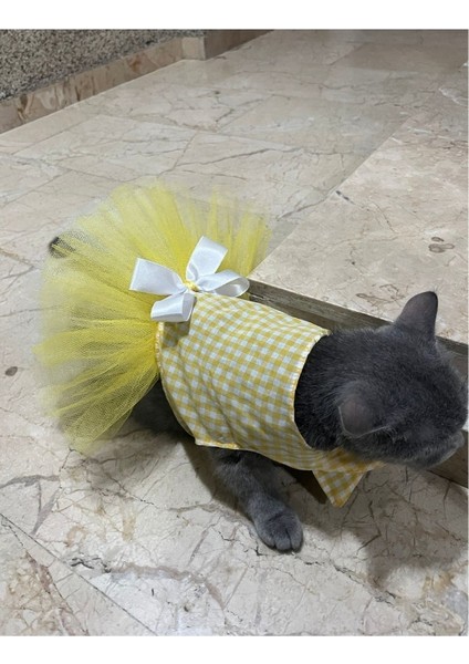 Sarı Beyaz Kareli Tüllü Kedi Köpek Kıyafeti Elbisesi