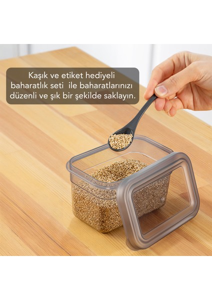 6'lı Sızdırmaz Kapaklı Kaşıklı Baharatlık Seti - Etiketli Baharat Saklama Kabı - 6 x 580 ml