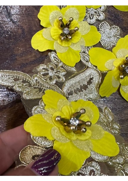 30X14 cm Sarı Çiçekli Taşlı Boncuklu Kabartma Arma Dikiş Aplike