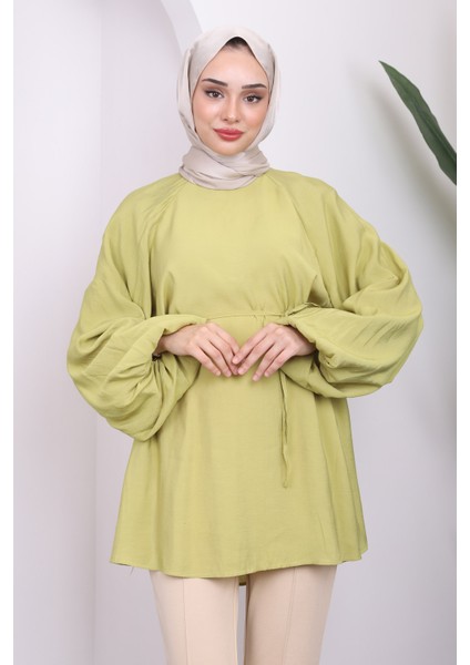 Yağ Yeşili Balon Kol Beli İpli Tunik modelleri