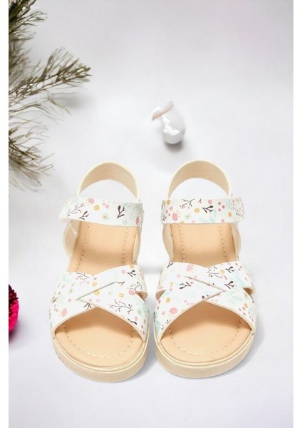 Cırt Cırtlı Ekru Baskılı Kız Çocuk Sandalet modelleri