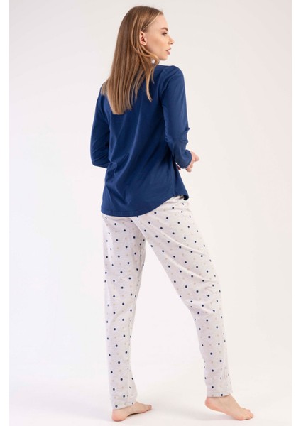 Kadın Lacivert Gri Uzun Kollu Yuvarlak Yaka Oval Etek Pamuklu Pijama Takımı Tam Kalıp