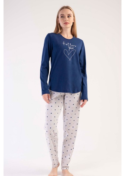 Kadın Lacivert Gri Uzun Kollu Yuvarlak Yaka Oval Etek Pamuklu Pijama Takımı Tam Kalıp fiyatları