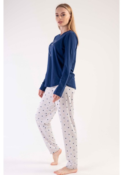 Kadın Lacivert Gri Uzun Kollu Yuvarlak Yaka Oval Etek Pamuklu Pijama Takımı Tam Kalıp modelleri