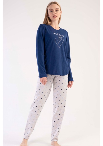 Kadın Lacivert Gri Uzun Kollu Yuvarlak Yaka Oval Etek Pamuklu Pijama Takımı Tam Kalıp fırsatları