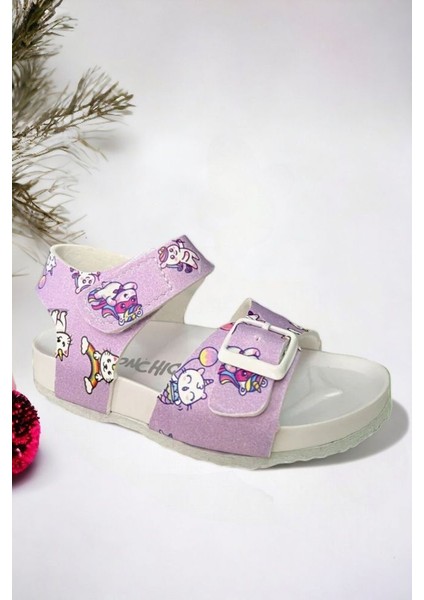 Lila Desenli Tokalı Kız Çoçuk Sandalet