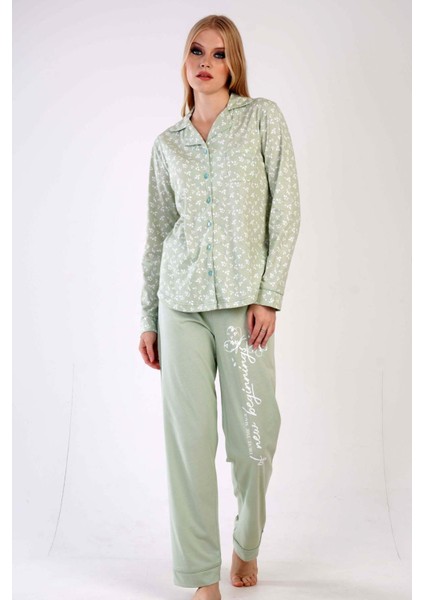 Kadın Yeşil Önden Düğmeli Uzun Kollu Tek Cepli Pamuklu Pijama Takımı Tam Kalıp