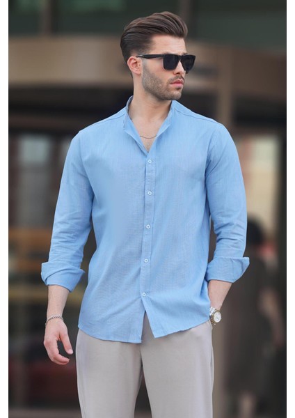 Açık Mavi Hakim Yaka Keten Görünümlü Pamuklu Uzun Kollu Erkek Gömlek 6745 fiyatları