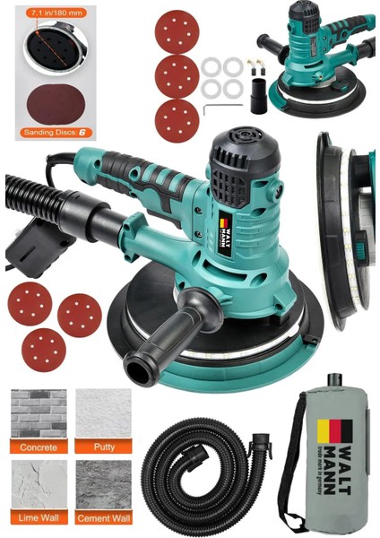 360' Ledli 850W Pro Alçıpan Zımpara Makinası Toz Emmeli Mavi