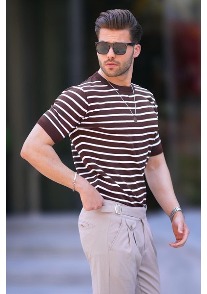 Kahverengi Bisiklet Yaka Çizgili Kısa Kollu Erkek T-Shirt 6884