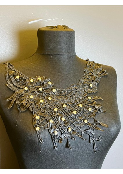 29X18 cm Zirkon Taş Işleme Siyah Nakış Işleme Aplike Yaka
