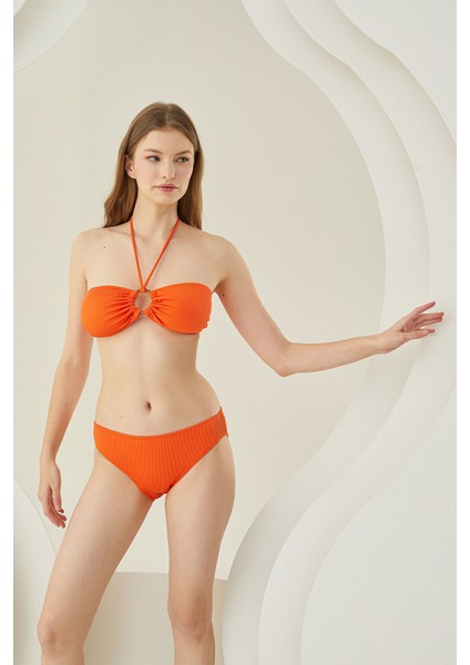 Turuncu Reps Boyundan Bağlamalı Tek Üst Bikini
