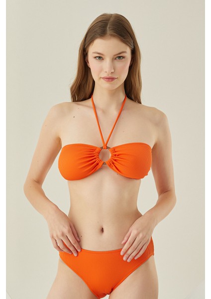 Turuncu Reps Boyundan Bağlamalı Tek Üst Bikini