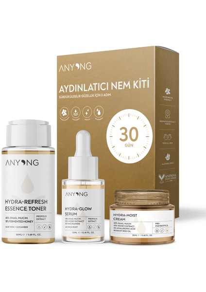 Salyangoz Özü Nemlendirici, Aydınlatıcı, Yatıştırıcı Cilt Bakım Seti Tonik, Serum, Krem - Niacinamide & Meyan Kökü & Bal