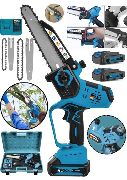 Waltmann Germany Çift Bataryalı Extra Güçlü 58VF Şarjlı Dal Budama Ağaç Odun Kesme Makinası
