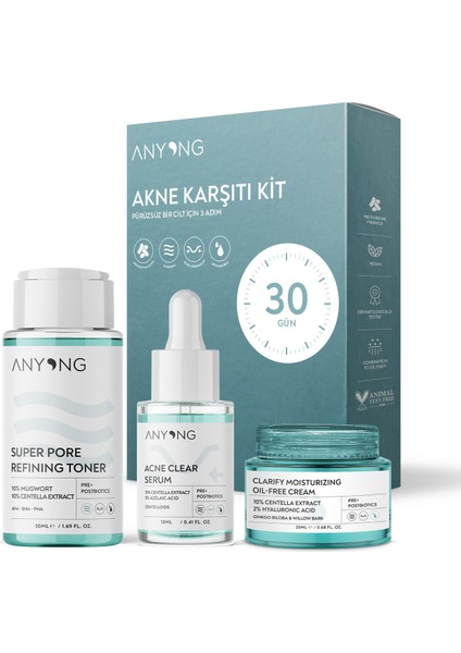 Akne Karma-Yağlı Cilt Bakım Seti Tonik Serum Krem - Azelaik Asit