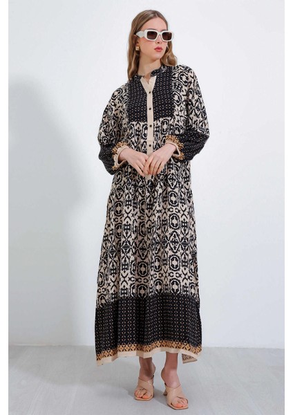 Kadın Siyah Bej Desenli Bileği Lastikli Düğmeli Uzun Viskon Elbise Hzl24S-Bd124231