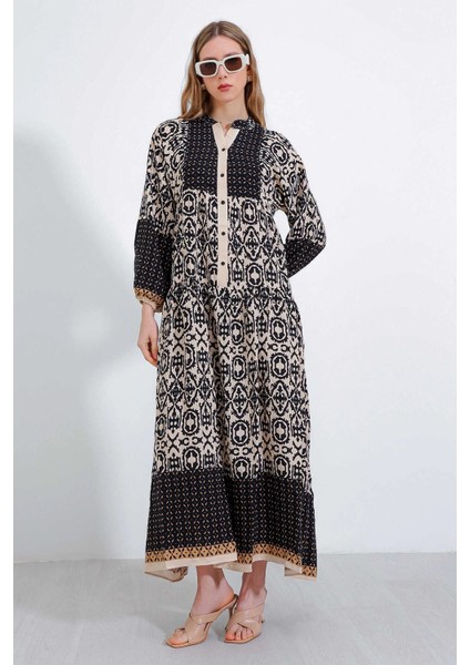 Kadın Siyah Bej Desenli Bileği Lastikli Düğmeli Uzun Viskon Elbise Hzl24S-Bd124231 fiyatları