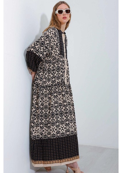 Kadın Siyah Bej Desenli Bileği Lastikli Düğmeli Uzun Viskon Elbise Hzl24S-Bd124231 modelleri