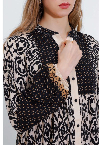 Kadın Siyah Bej Desenli Bileği Lastikli Düğmeli Uzun Viskon Elbise Hzl24S-Bd124231 fırsatları