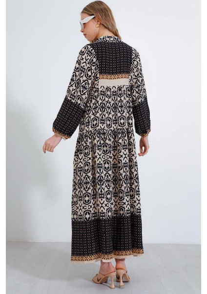 Kadın Siyah Bej Desenli Bileği Lastikli Düğmeli Uzun Viskon Elbise Hzl24S-Bd124231 indirimleri