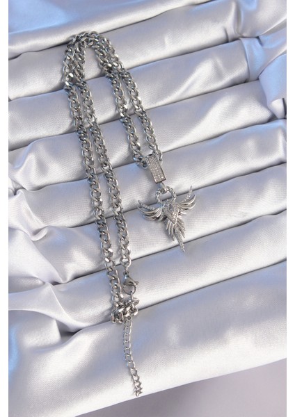 316L Çelik Gümüş Renk Zirkon Taşlı Anka Kuşu Model Kolye modelleri