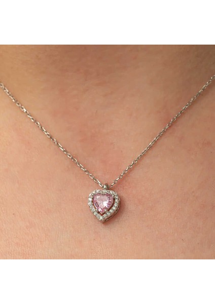 Gümüş Pembe Kalp Kadın Kolye modelleri