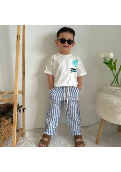 Erkek Çocuk T-Shirt ve Müslin Pantolon Mavi Çizgili alt Üst Takımı