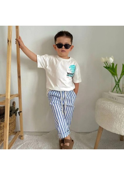 Erkek Çocuk T-Shirt ve Müslin Pantolon Mavi Çizgili alt Üst Takımı fiyatları