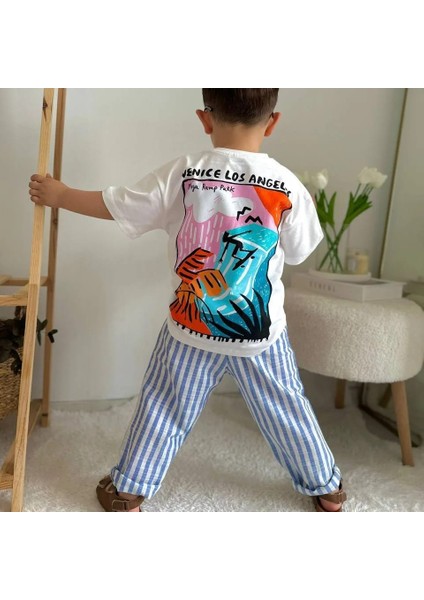 Erkek Çocuk T-Shirt ve Müslin Pantolon Mavi Çizgili alt Üst Takımı modelleri