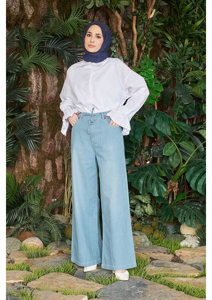 1123-DENIM Parça Boyalı Bağcıklı Bol Paça Pantolon Mavi