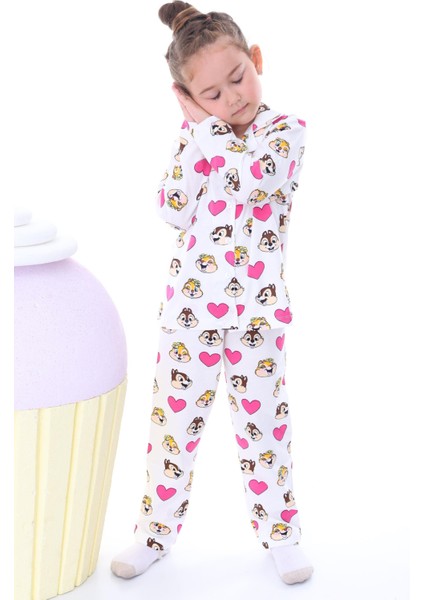 %100 Pamuk Uzun Kolluı Düğmeli Gömlek Yaka Kız Çocuk Pijama Takımı