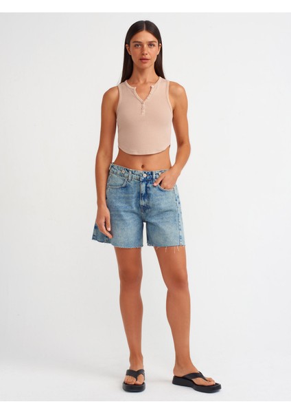 71678 Yanı Apoletli Denim Şort-Tint