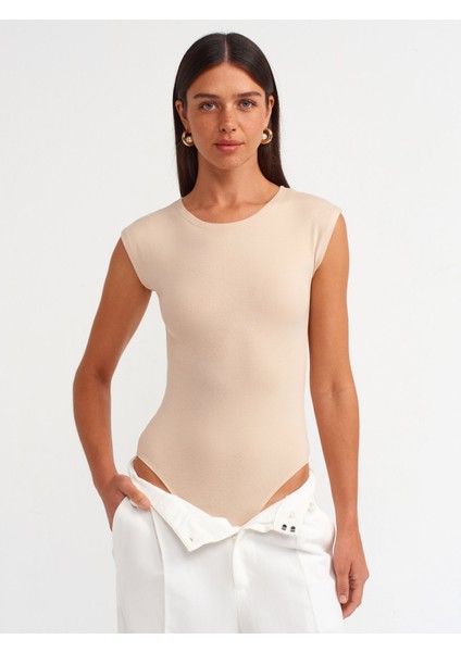20876 Bisiklet Yaka Bodysuit-Açık Bej