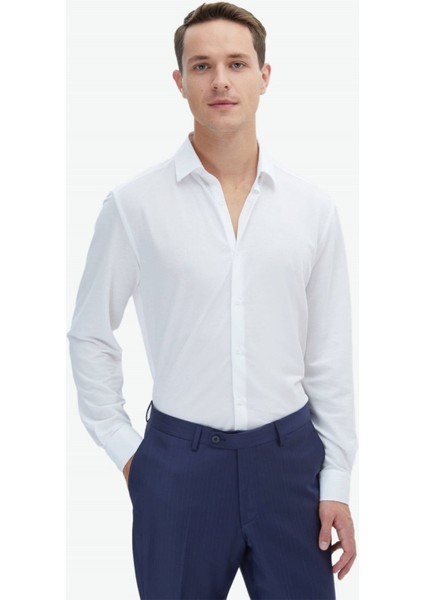 Beyaz Düz Regular Fit Casual Pamuk Karışımlı Gömlek