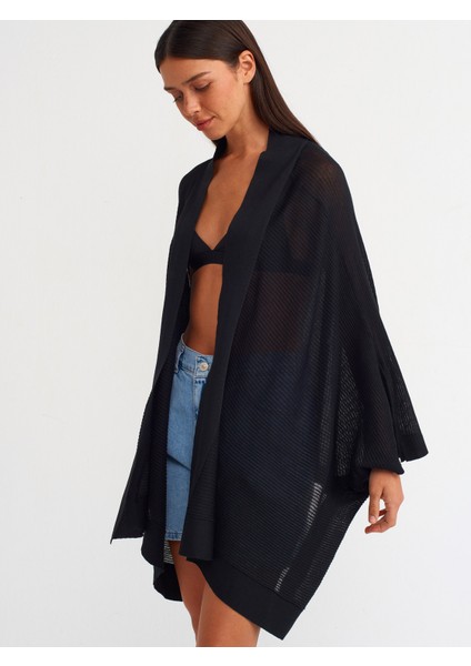 60232 Kimono Kol Ince Dokulu Asimetrik Triko Hırka-Siyah