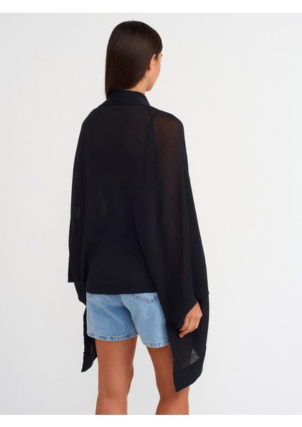60232 Kimono Kol Ince Dokulu Asimetrik Triko Hırka-Siyah