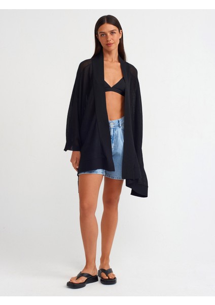 60232 Kimono Kol Ince Dokulu Asimetrik Triko Hırka-Siyah