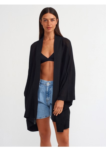 60232 Kimono Kol Ince Dokulu Asimetrik Triko Hırka-Siyah